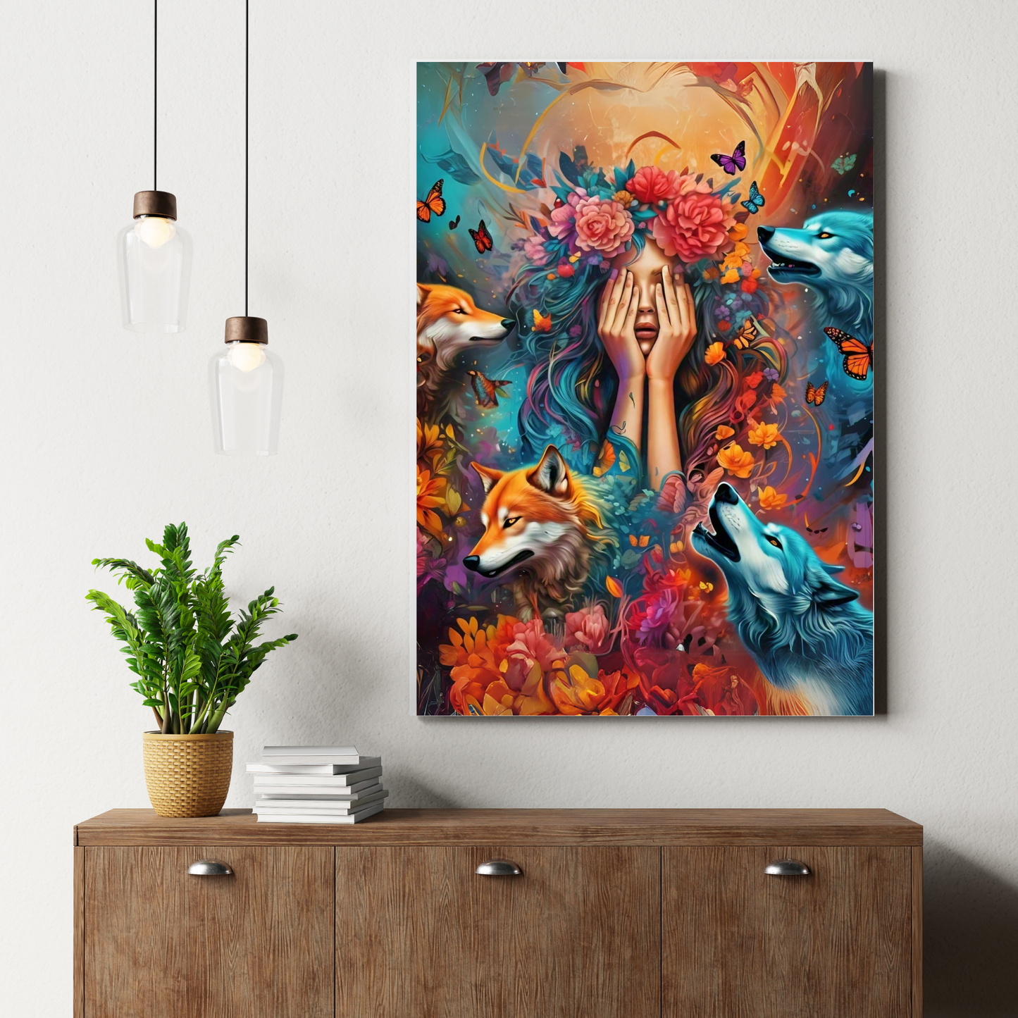 Moonlit Guardian - Wolf Spirit Woman Portrait Art