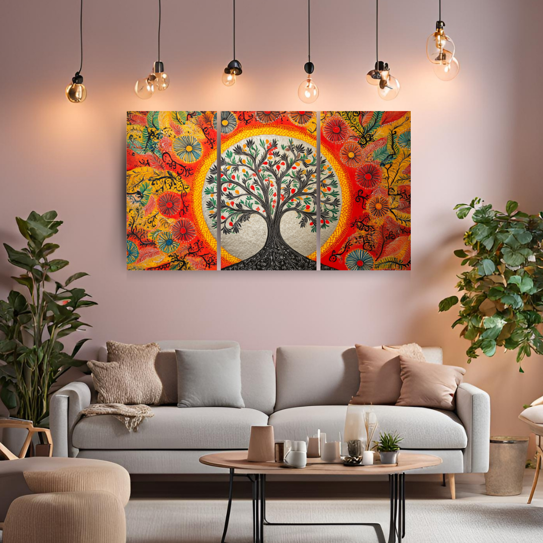 Madhubani Painting Art | Tree of Life - Symbolizing Harmony and Nature - Yellow | Indian Folk Art
