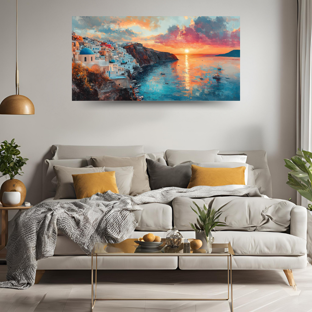 Santorini Sunset: Whitewashed houses, blue domes, and Aegean Sea- Landscapes