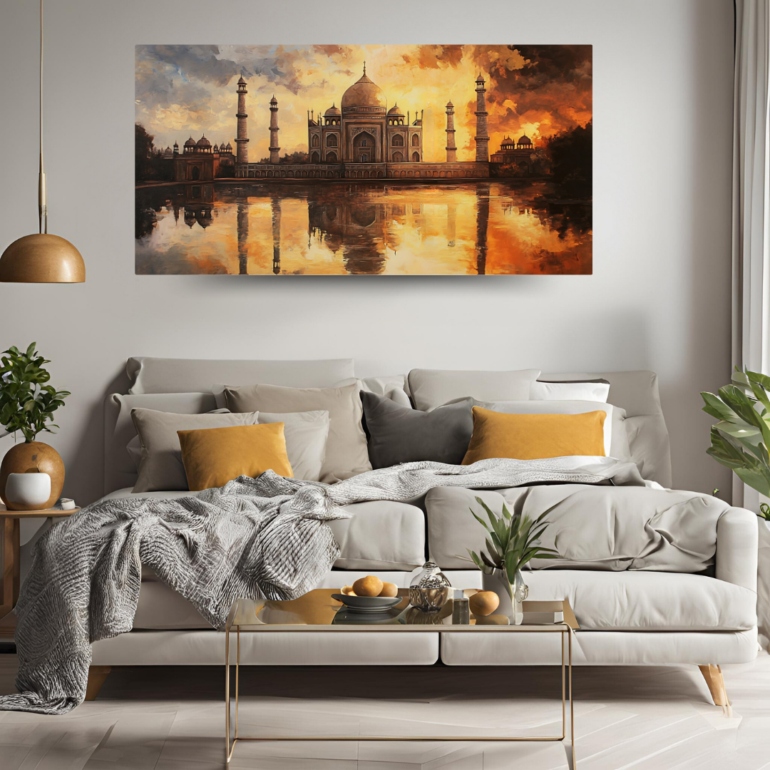 Taj Mahal's Reflections: Golden light, serene water, and majestic architecture - Landscape