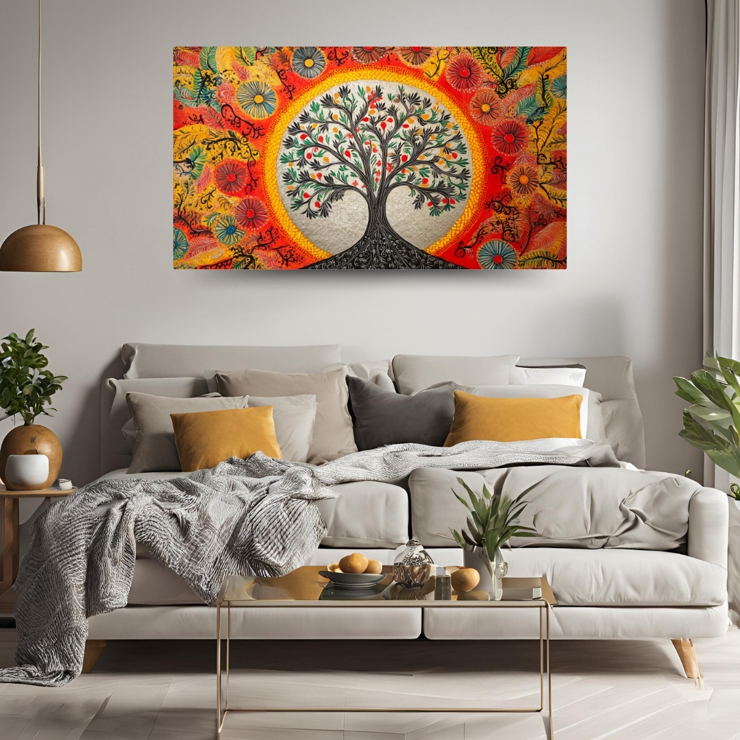Madhubani Painting Art | Tree of Life - Symbolizing Harmony and Nature - Yellow | Indian Folk Art