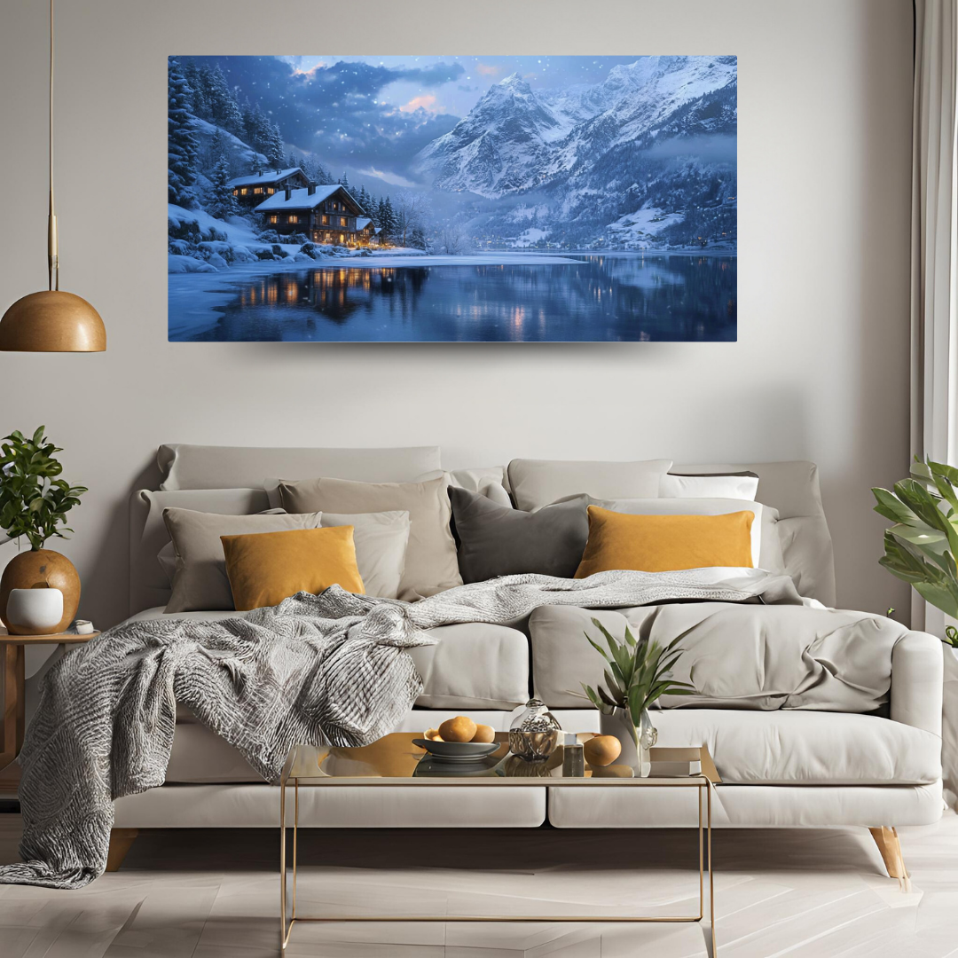 Winter in the Swiss Alps: Snow-covered mountains, frozen lake, and cozy chalets - Landscape