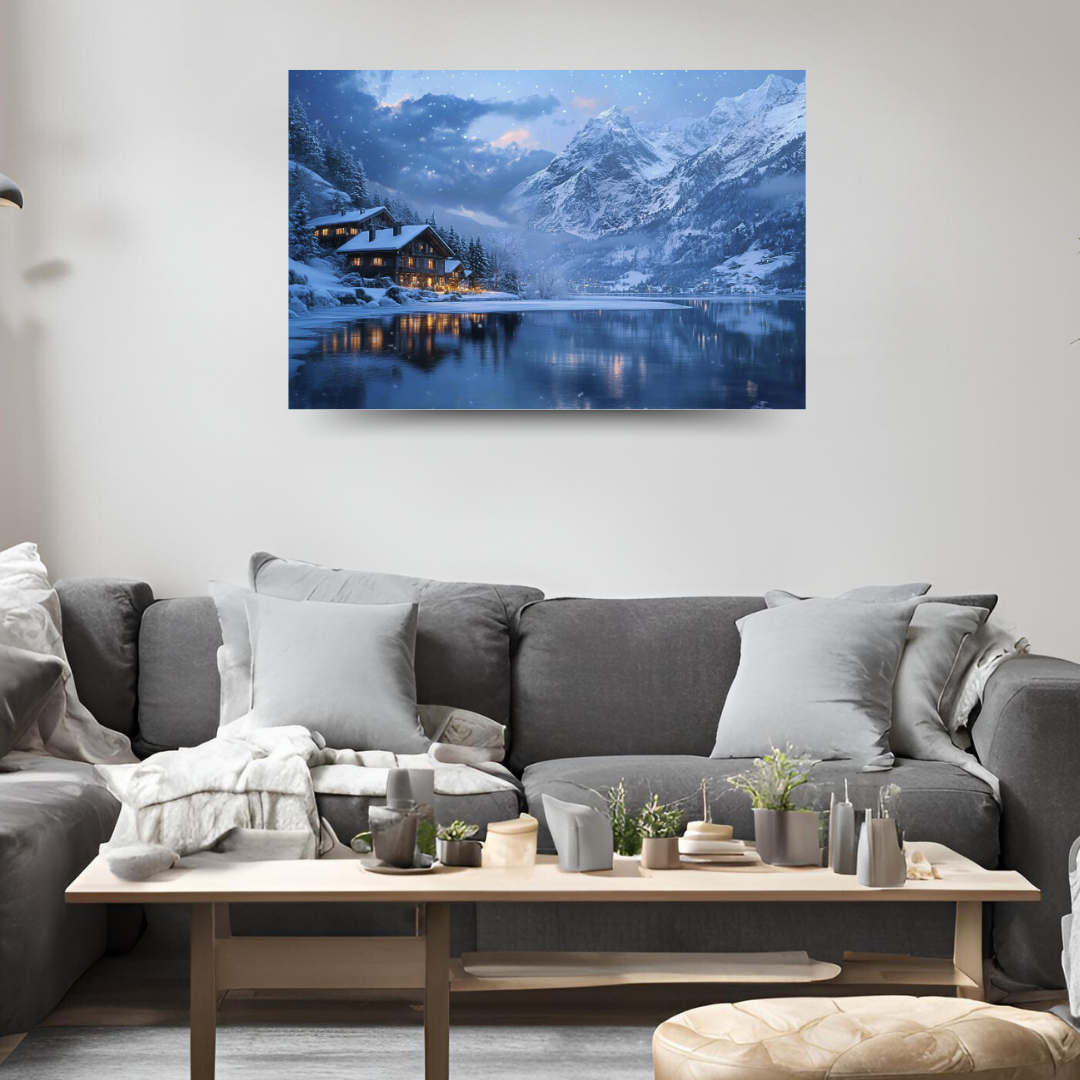 Winter in the Swiss Alps: Snow-covered mountains, frozen lake, and cozy chalets - Landscape