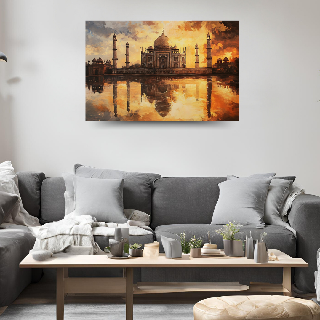 Taj Mahal's Reflections: Golden light, serene water, and majestic architecture - Landscape