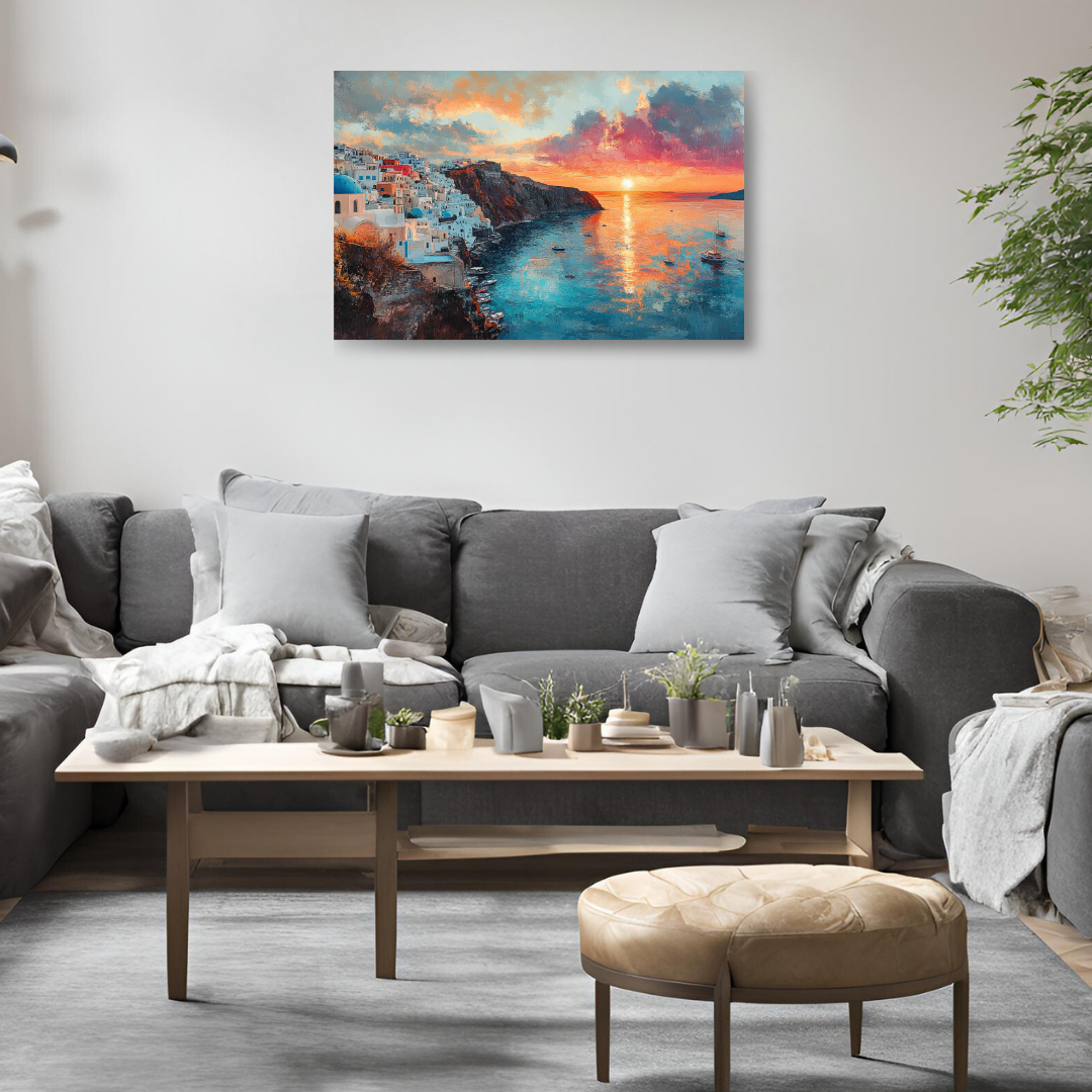 Santorini Sunset: Whitewashed houses, blue domes, and Aegean Sea- Landscapes