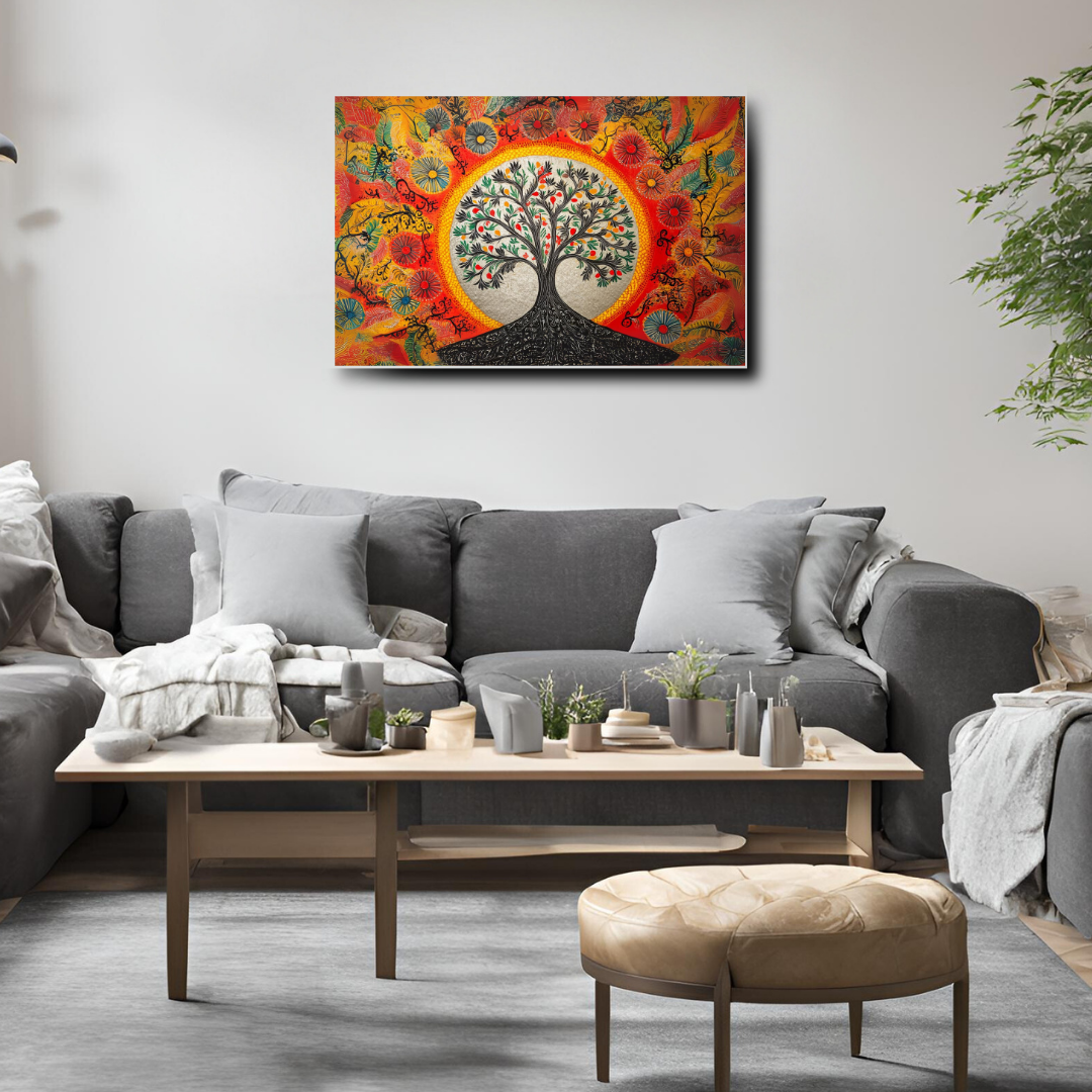 Madhubani Painting Art | Tree of Life - Symbolizing Harmony and Nature - Yellow | Indian Folk Art