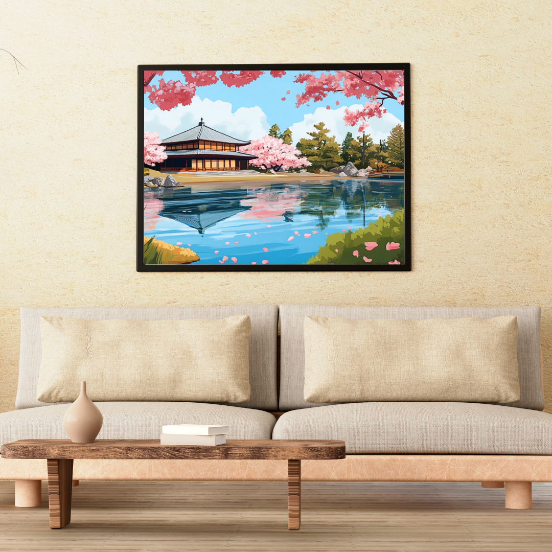 Japanese Garden: Serene water, traditional architecture, and vibrant cherry blossoms - Landscapes