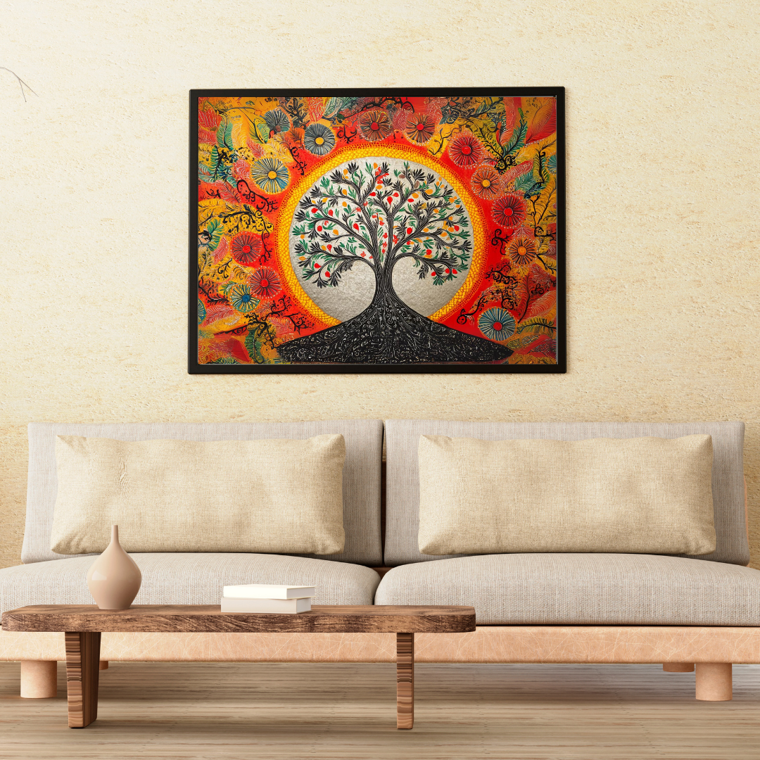Madhubani Painting Art | Tree of Life - Symbolizing Harmony and Nature - Yellow | Indian Folk Art