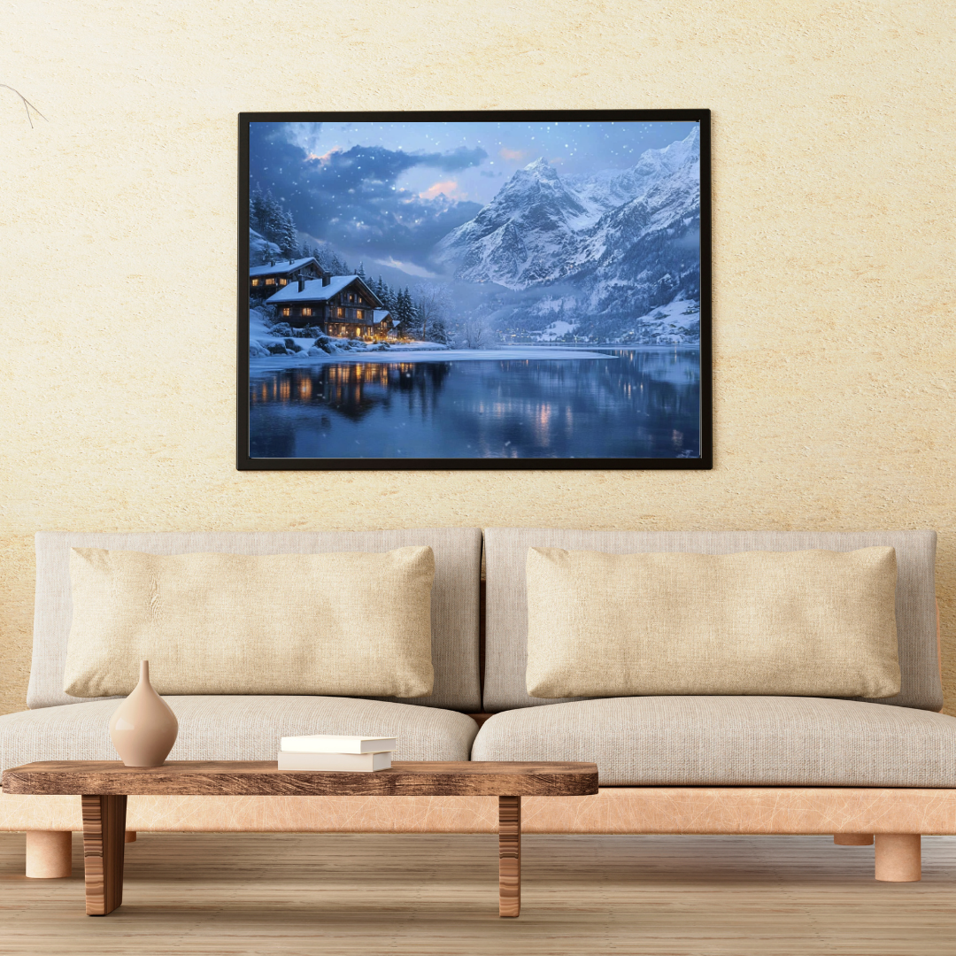 Winter in the Swiss Alps: Snow-covered mountains, frozen lake, and cozy chalets - Landscape