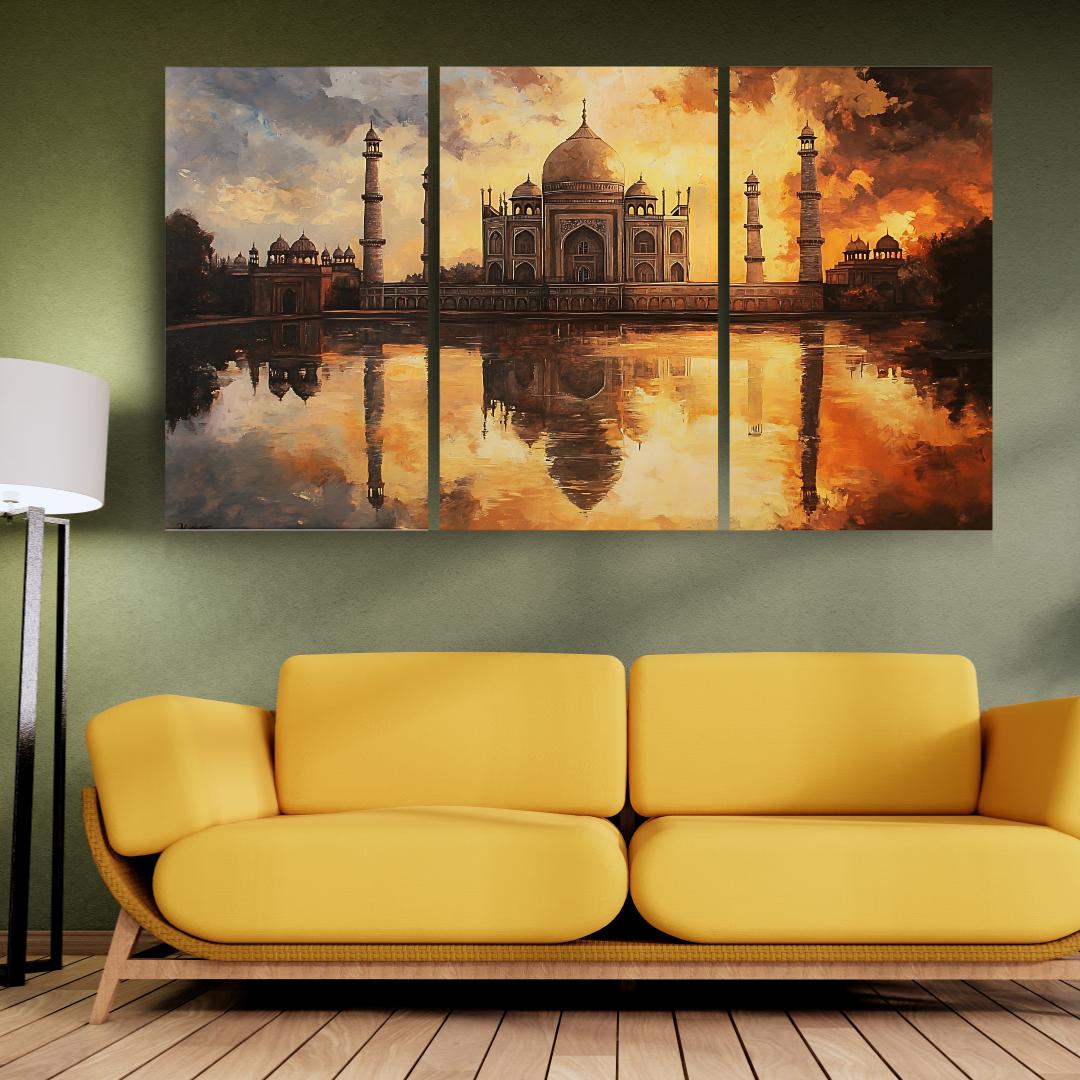 Taj Mahal's Reflections: Golden light, serene water, and majestic architecture - Landscape