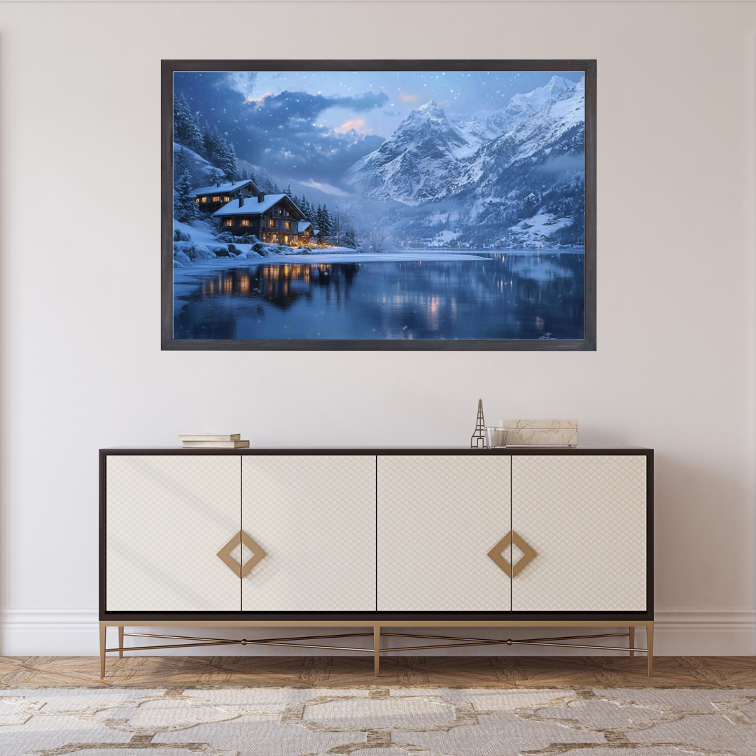 Winter in the Swiss Alps: Snow-covered mountains, frozen lake, and cozy chalets - Landscape