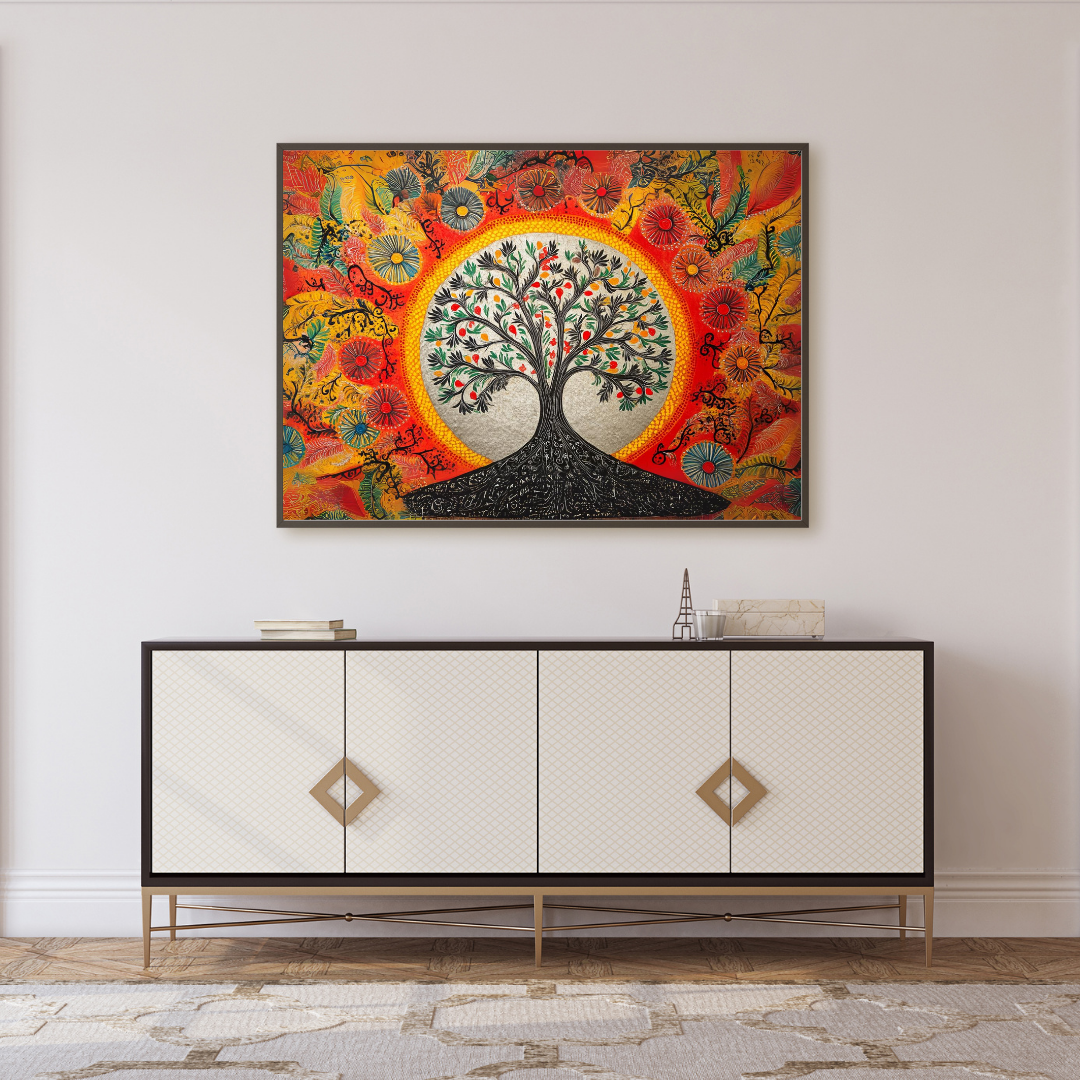 Madhubani Painting Art | Tree of Life - Symbolizing Harmony and Nature - Yellow | Indian Folk Art