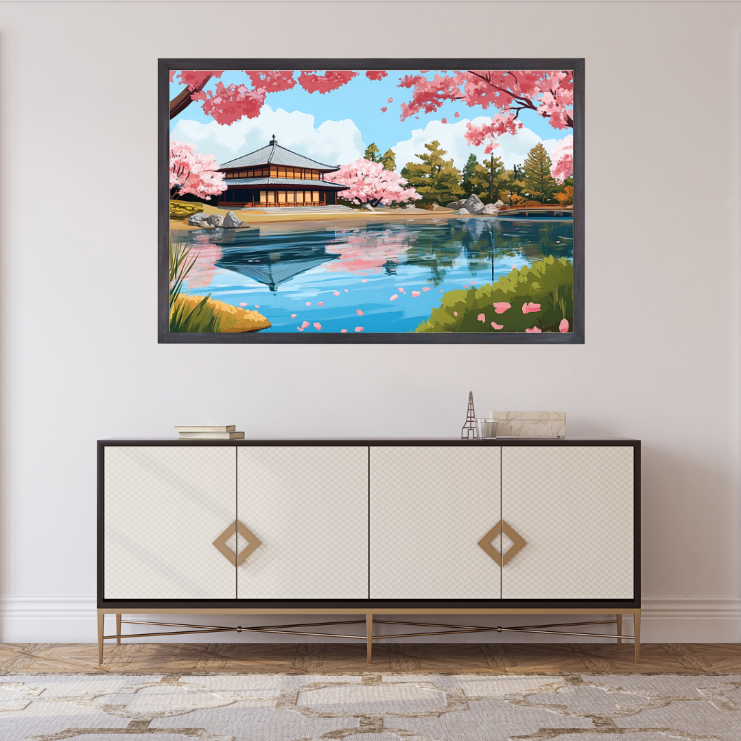 Japanese Garden: Serene water, traditional architecture, and vibrant cherry blossoms - Landscapes
