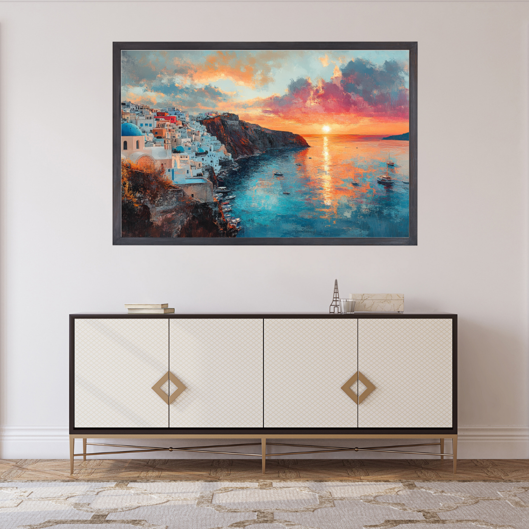 Santorini Sunset: Whitewashed houses, blue domes, and Aegean Sea- Landscapes