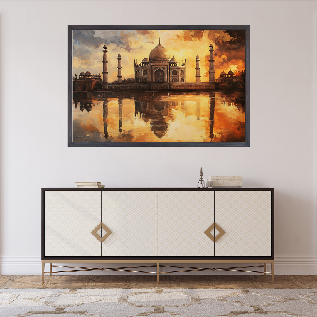 Taj Mahal's Reflections: Golden light, serene water, and majestic architecture - Landscape