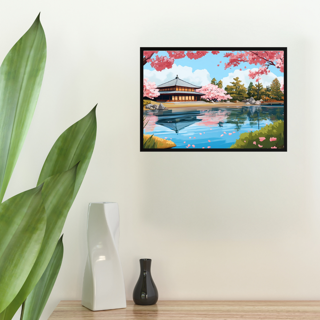 Japanese Garden: Serene water, traditional architecture, and vibrant cherry blossoms - Landscapes