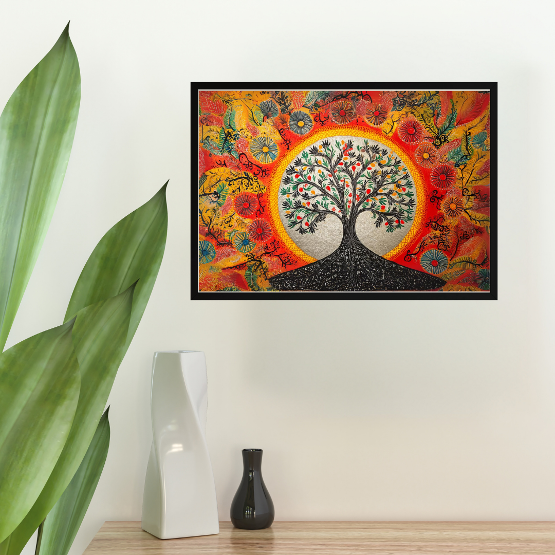 Madhubani Painting Art | Tree of Life - Symbolizing Harmony and Nature - Yellow | Indian Folk Art