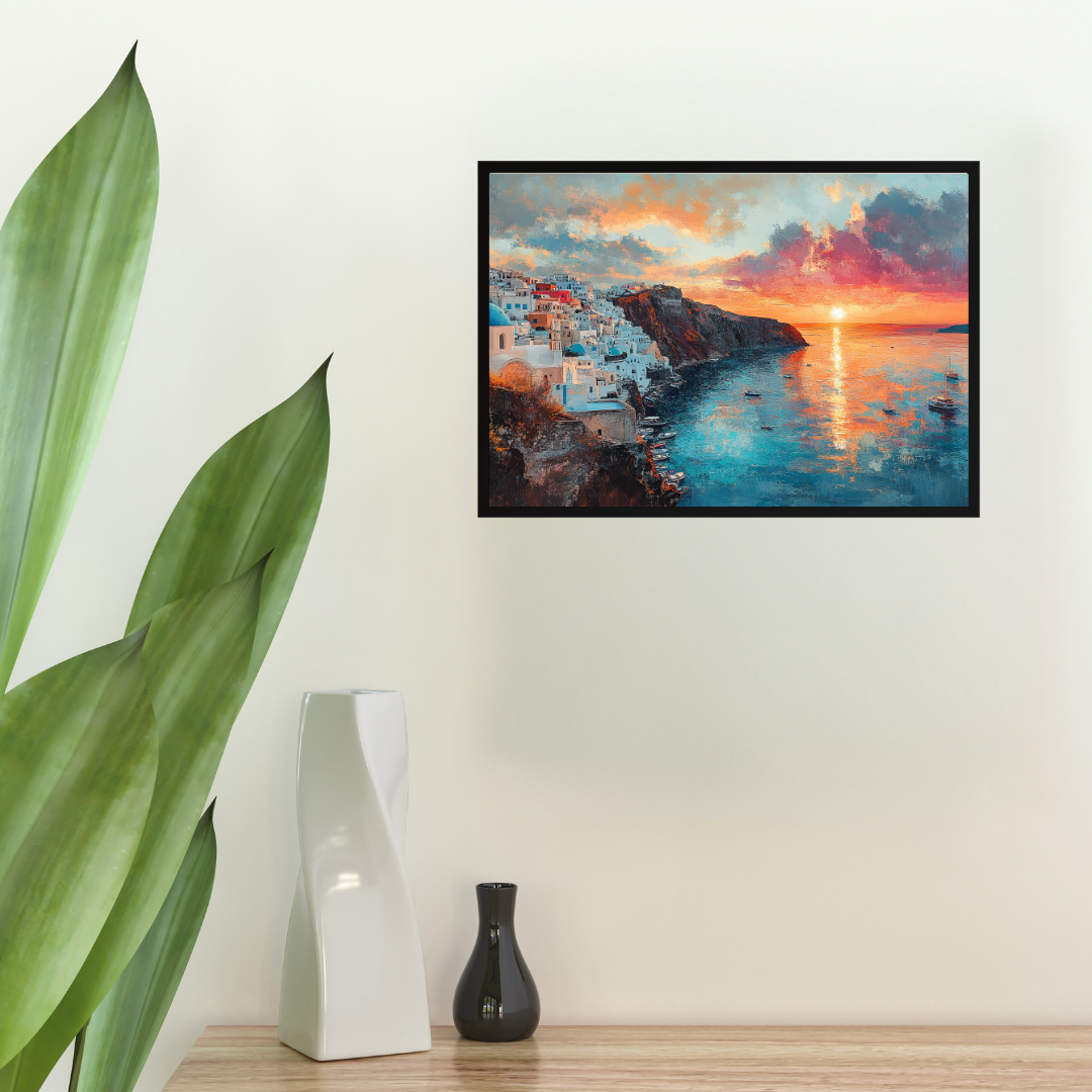 Santorini Sunset: Whitewashed houses, blue domes, and Aegean Sea- Landscapes