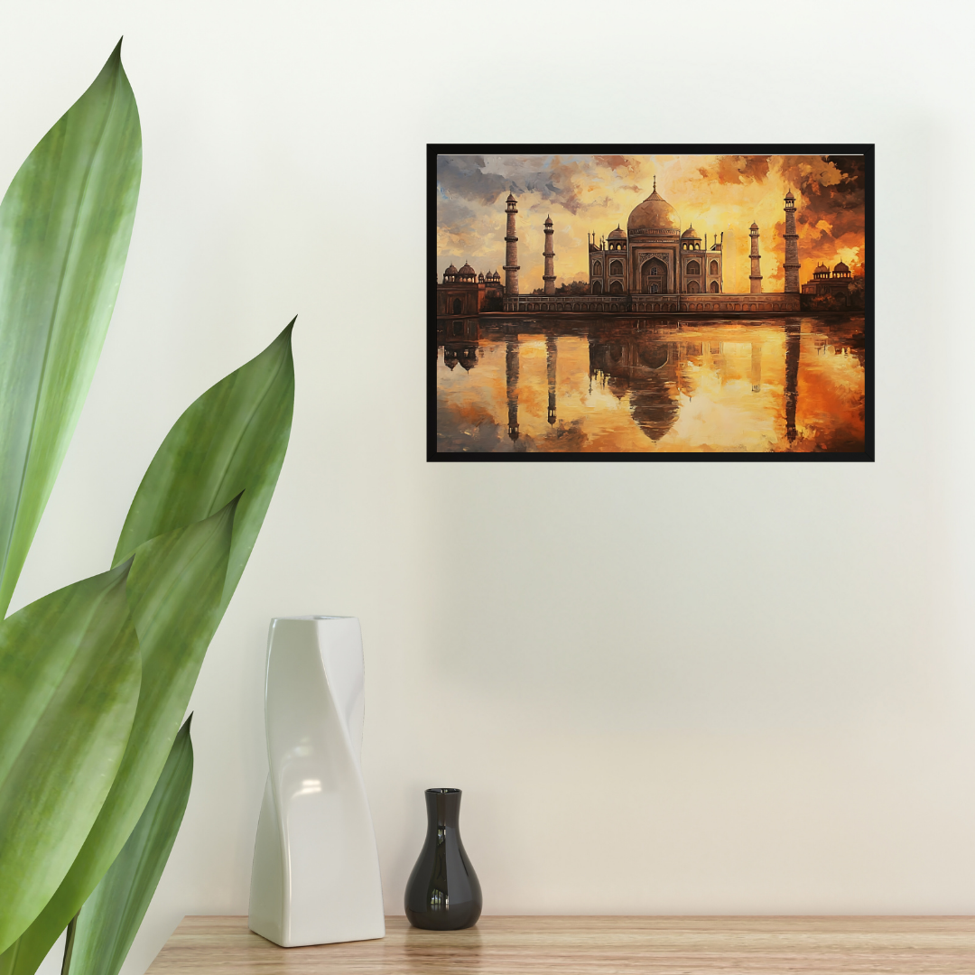 Taj Mahal's Reflections: Golden light, serene water, and majestic architecture - Landscape