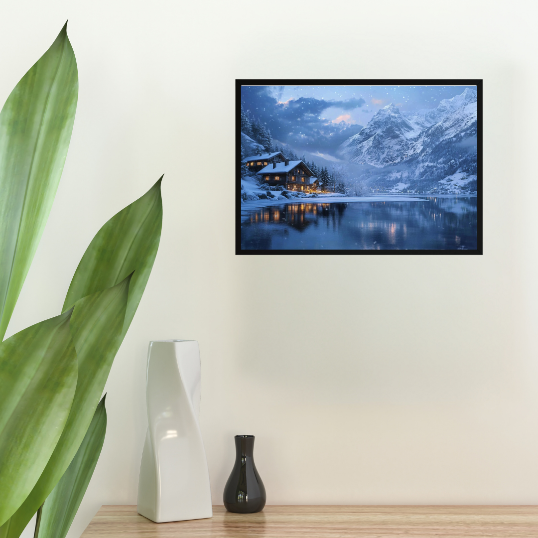 Winter in the Swiss Alps: Snow-covered mountains, frozen lake, and cozy chalets - Landscape