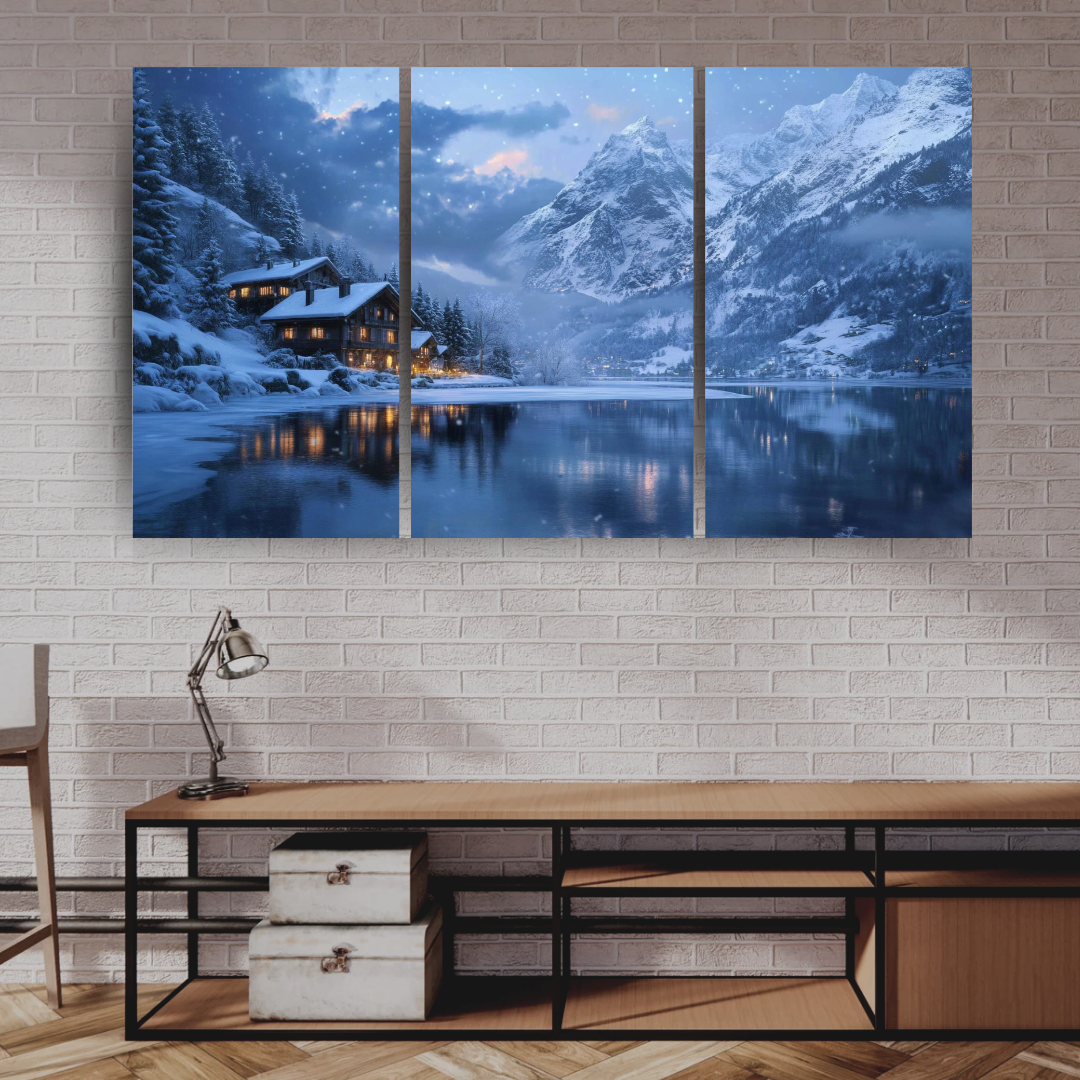 Winter in the Swiss Alps: Snow-covered mountains, frozen lake, and cozy chalets - Landscape