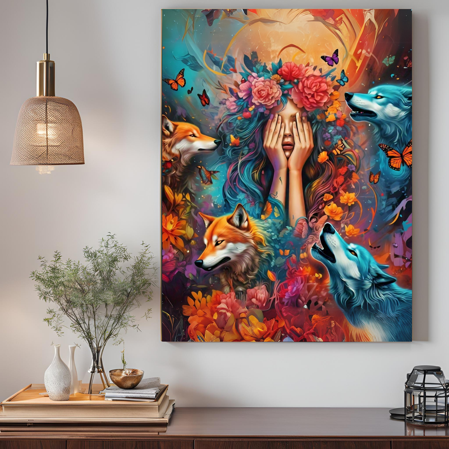 Moonlit Guardian - Wolf Spirit Woman Portrait Art