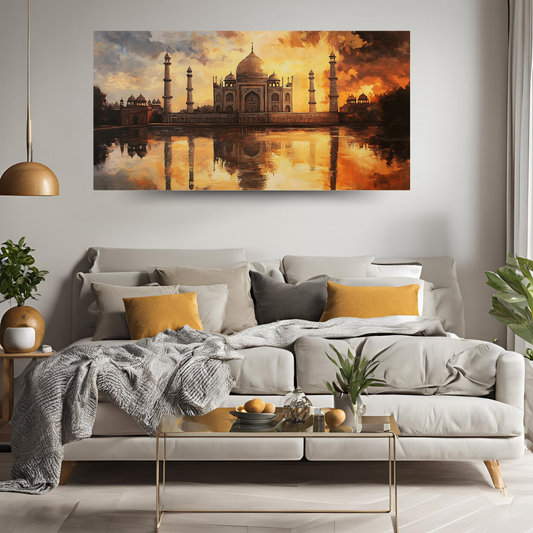 Taj Mahal's Reflections: Golden light, serene water, and majestic architecture - Landscape