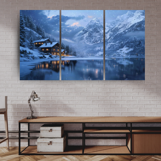 Winter in the Swiss Alps: Snow-covered mountains, frozen lake, and cozy chalets - Landscape