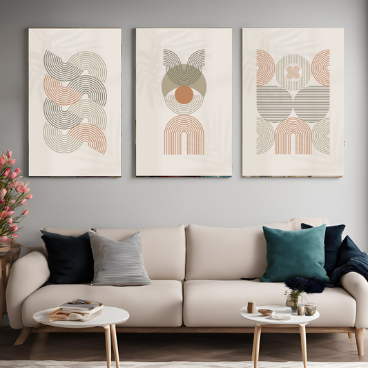 Pastel Beige Circled Line Boho Art - Set of 3